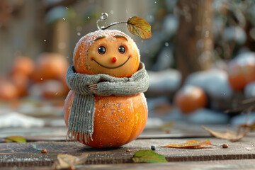 Cheerful Persimmon Character Wearing a Scarf Enjoys a Winter Day