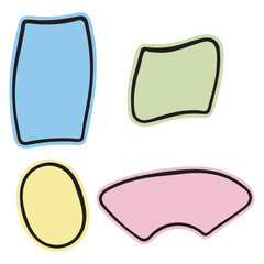 Comic frame, border Set. Hand drawn cartoon ink blob brush doodle line strokes and fills, pastel colourful palette. Circle wreath, square geometric shape, text space background. Vector illustration