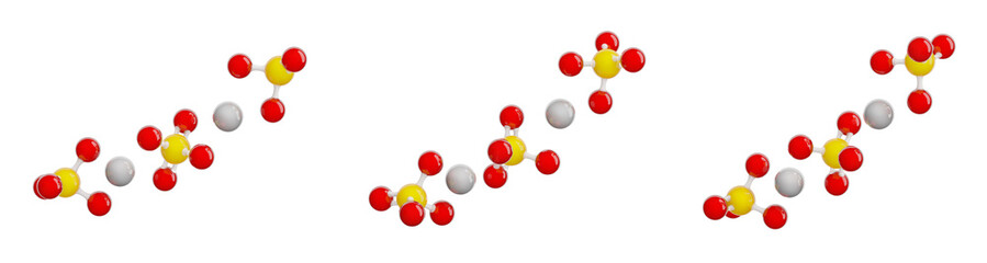 Molecule of Aluminium sulfate. Set of views. Molecular formula: Al2(SO4)3. Chemical model: Ball and stick. Isolated. Transparent background. PNG. 3D illustration