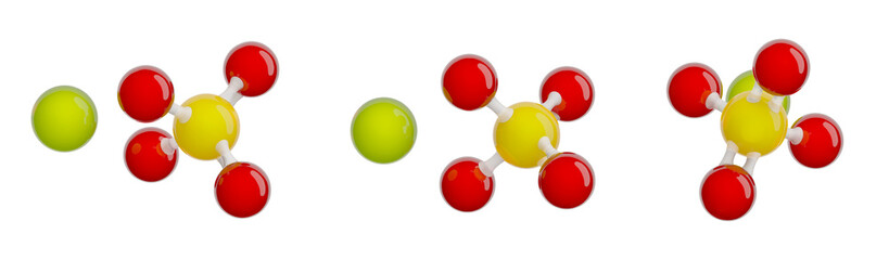 Molecule of Magnesium Sulfate. Set of views. Molecular formula: MgSO4. Chemical model: Ball and stick. Isolated. Transparent background. PNG. 3D illustration
