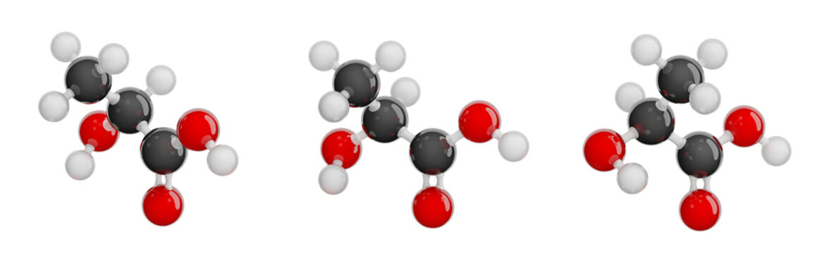 Molecule of lactic acid. Set of views. Molecular formula: C3H6O3. Chemical model: Ball and stick. Isolated. Transparent background. PNG. 3D illustration