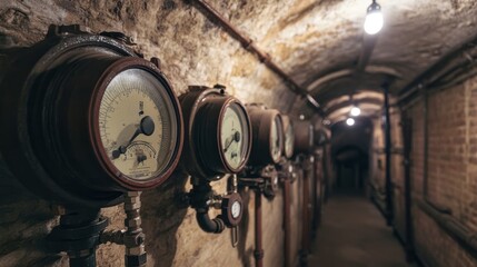 Displaying old, rusty analog measuring instruments, data readings illuminate a long underground tunnel with brick walls, dimly lit by a few scattered lights, creating a mysterious atmosphere