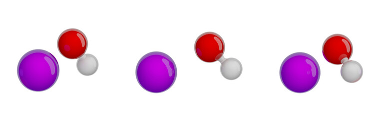 Molecule of Sodium hydroxide. Set of views. Molecular formula: NaOH. Chemical model: Ball and stick. Isolated. Transparent background. PNG. 3D illustration
