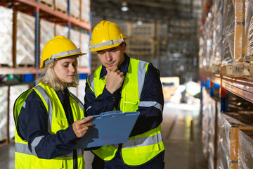 professional warehouse workers. caucasian stock inventory team staff working in cargo storage