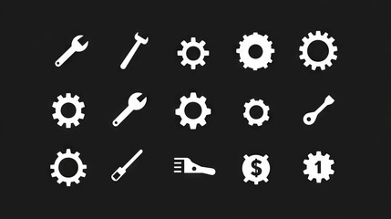 Settings glyph solid icons collection. Containing configuration, maintenance, service, tools, wrench, gear. For website marketing design, logo, app, template, ui, etc. Vector illustration.
