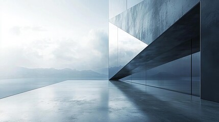 3d render of abstract futuristic glass architecture with empty concrete floor. , isolated on white background, , copy space for text,