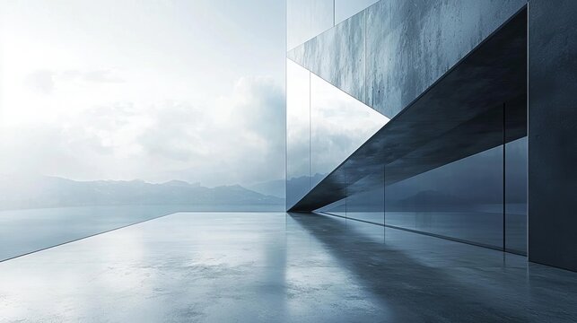 3d render of abstract futuristic glass architecture with empty concrete floor. , isolated on white background,  , copy space for text,