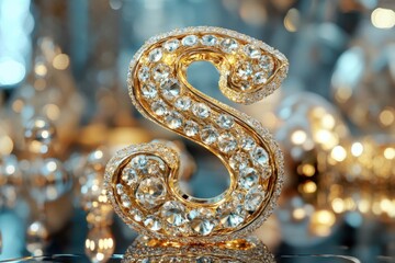 A gold letter S is sitting on a shiny surface