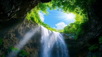 Stunning Waterfall Cascading Through Lush Green Forest Canopy