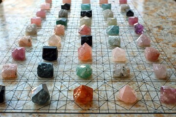 A close up image of a self love and self healing crystal grid using sacred geometry and rose quartz crystals.  , isolated on white background,  , copy space for text,