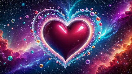 Vibrant cosmic heart, colorful bubbles, nebula background. Perfect for love, fantasy, or spiritual themes.