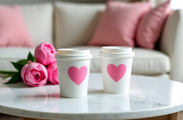 Two white cardboard coffee cups with pink hearts painted on them on a white marble table, a bouquet of pink peonies nearby. Valentine's day concept. Romantic morning date