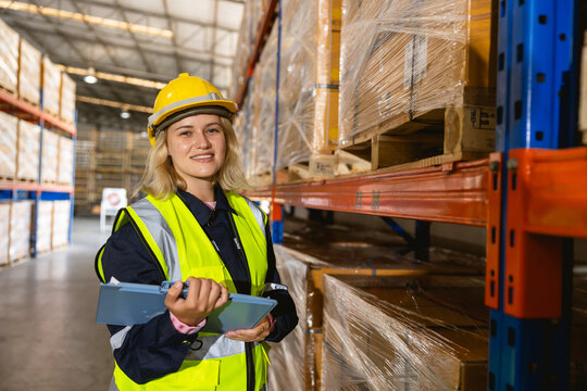 caucasian women worker. professional warehouse worker. stock inventory staff working in logistic