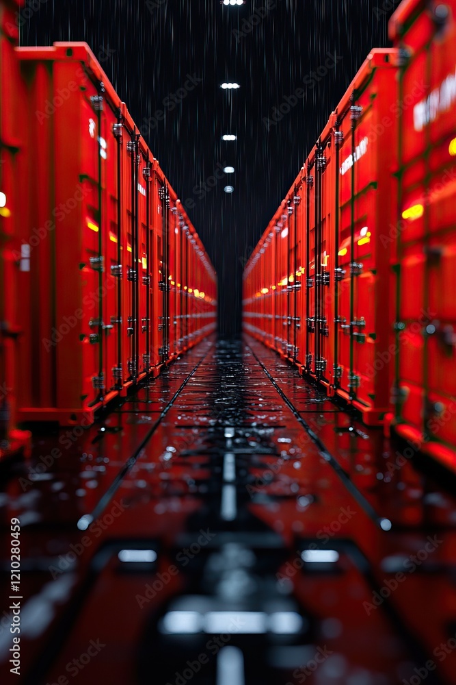Poster a visually striking image of red shipping containers aligned in a rainy environment, creating a dram