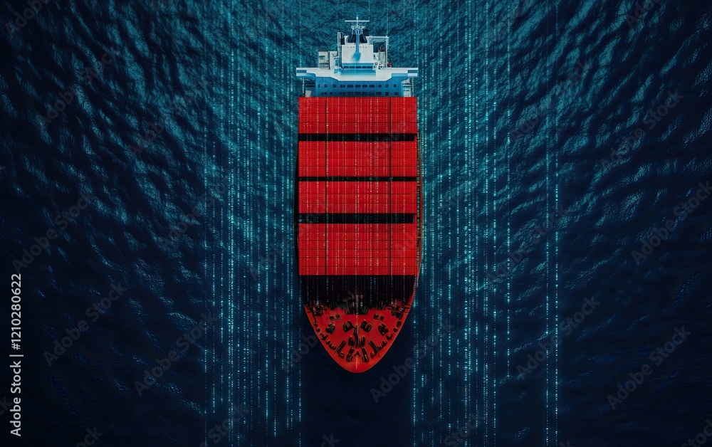 Poster a cargo ship with red containers sails through dark waters, surrounded by digital data streams, symb