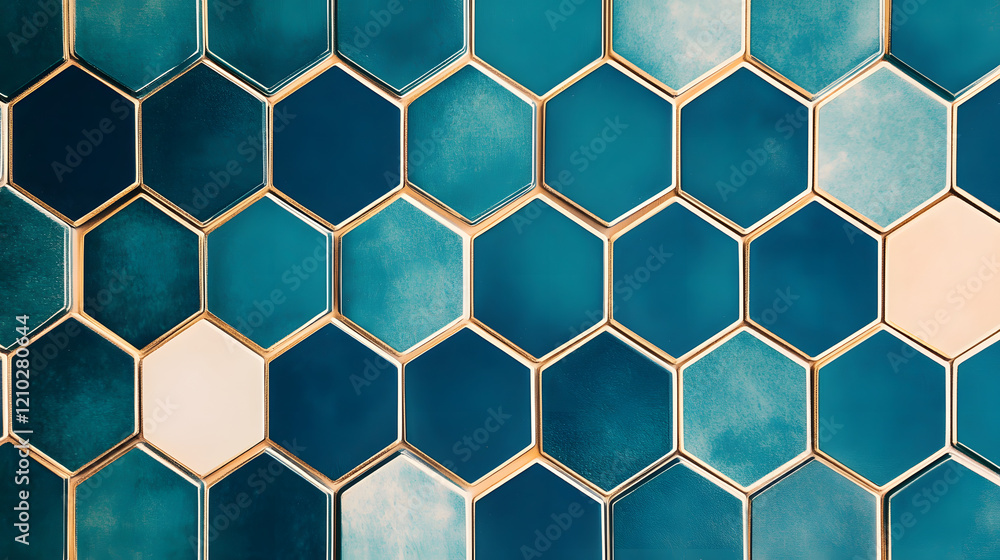Poster a geometric design with interlocking hexagons in deep emerald green, champagne gold, and soft cream,