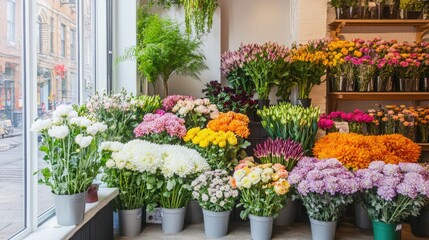 Fototapeta premium A large bouquet of fresh chrysanthemums in vibrant tones, displayed in a bright and inviting flower shop.