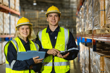 portrait professional warehouse workers. caucasian stock inventory team staff working in logistic