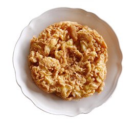 Deep fried crab omelette Thai style, crispy, thick and oily, unhealthy cholesterol but delicious, close up shot, isolated cutout transparent