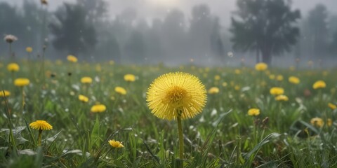 Fototapeta premium Blowball and yellow dandelion blooms in a misty meadow with a blurred background, blowball, misty atmosphere