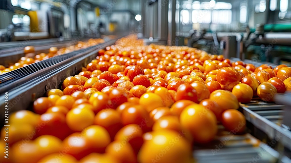 Poster automated food processing equipment on a busy production line in a large-scale factory setting, ensu