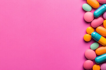 Colorful pills on pink backdrop with copy space..