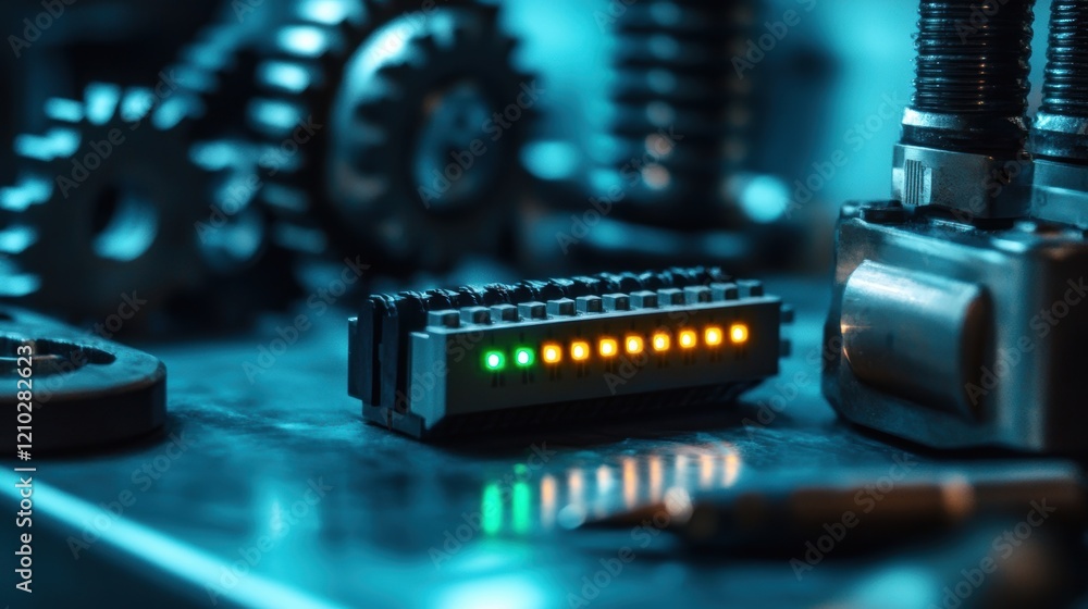 Poster programmable logic controller plc showing green and orange lights is lying on a workbench with metal