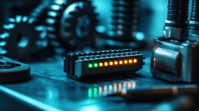 Programmable logic controller plc showing green and orange lights is lying on a workbench with metal gears and other equipment in the background. Suggesting industrial automation and control systems
