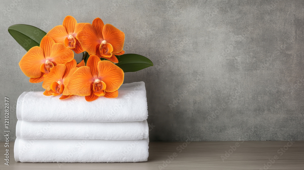 Poster elegant spa setting with vibrant orange orchids and soft white towels, creating serene atmosphere fo