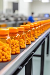 Fototapeta premium A production line featuring bottles filled with orange pills, showcasing pharmaceutical manufacturing in a clean environment.