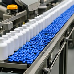 Obraz premium A conveyor belt carries white bottles alongside blue pills in a manufacturing facility, showcasing a well-organized production line.