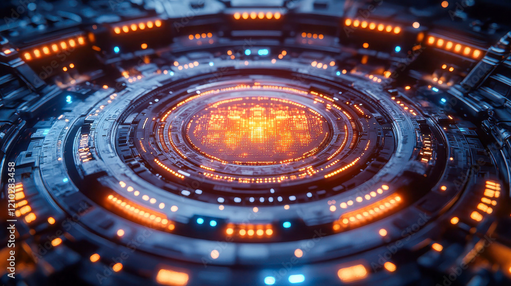 Poster futuristic circular interface with glowing elements, representing high-tech ai and digital innovatio