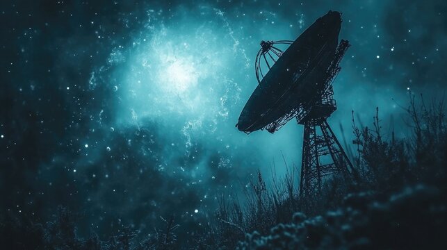 A futuristic space station orbiting a distant, blue alien planet, with large telescopes and advanced antennas.