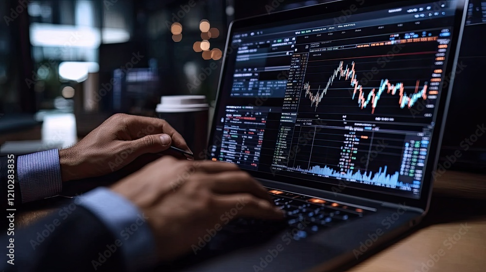 Poster close-up of a laptop screen displaying financial charts and graphs as a businessman works with focus