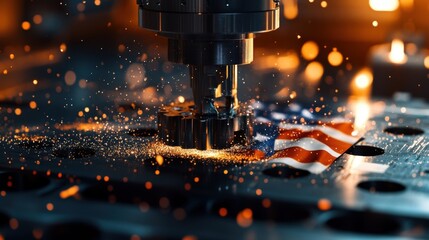 Industrial robotic arm is operating on a metal gear with an american flag in the background, sparks flying around, showcasing american manufacturing and industry
