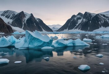 Blue icebergs drifting in the icy waters of Svalbard, icy, arctic