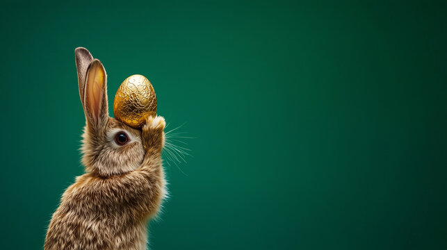 A cute rabbit holding a golden egg on a green background, representing Easter celebration with elegance and charm