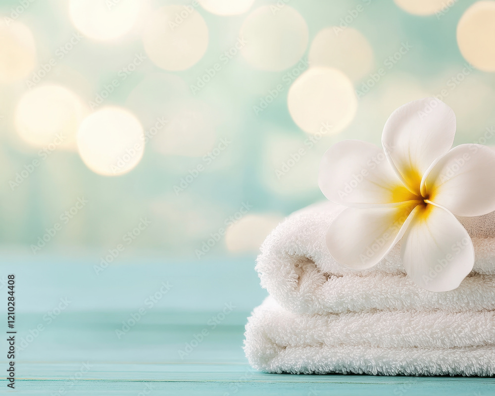 Poster luxurious spa setting with soft towels and jasmine flower, creating serene atmosphere perfect for re