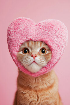 A cute ginger cat wearing a fluffy pink heart-shaped hat, set against a soft pink background