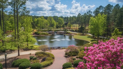 Fototapeta premium A scenic view of pink azalea flowers blooming in a landscaped garden, surrounded by lush greenery.
