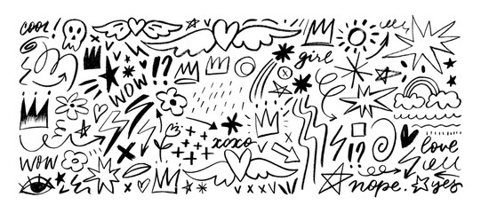 Crayon drawn doodle shapes and figures for notes and design. Hand drawn scribbles, scrawls, stars.