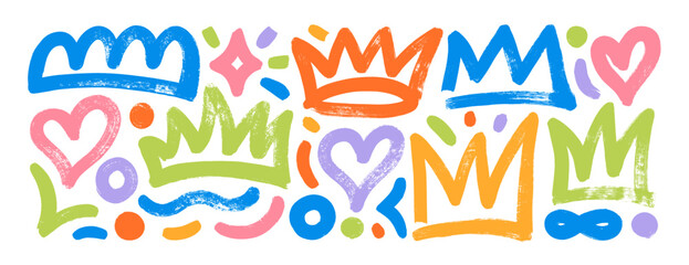 Brush drawn funky crowns, hearts and squiggles collection. Graffiti, girly punk and hip hip style colorful vector elements.