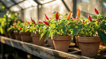 A sunny home gardening scene featuring chili pepper plants in clay pots lined up on a wooden shelf.