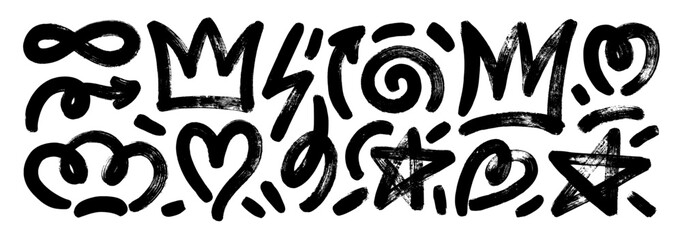 Collection of doodle grunge figures, squiggles and crowns. Funky arrows, heart, star shape and spiral. Punk style elements for collages and hip hop design. Primitive geometric forms set with texture.