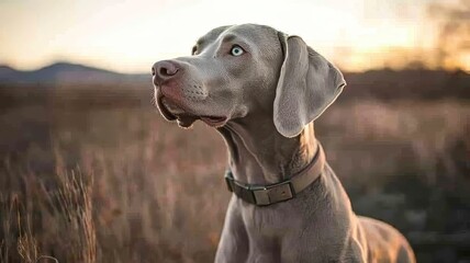 adult weimaraner hunting dog standing on open landscape