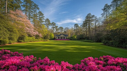 Fototapeta premium A vibrant bed of pink azaleas in full bloom, creating a striking contrast with the green grass.