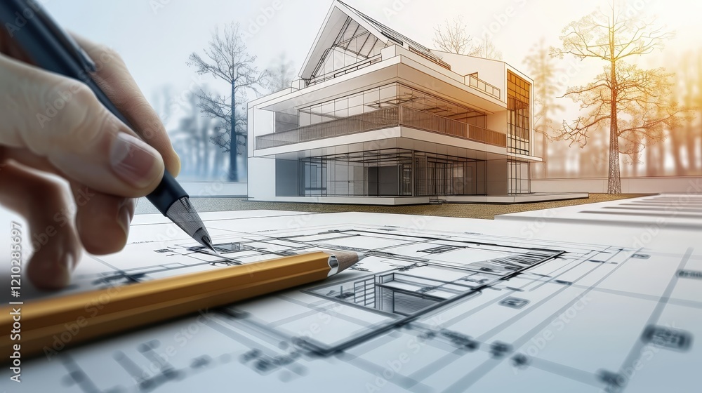 Poster modern architecture design with hand sketching plans in bright environment