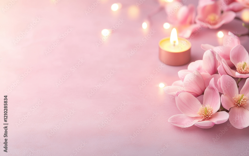 Poster serene spa background with magnolia flowers and soft candlelight, creating calming atmosphere perfec