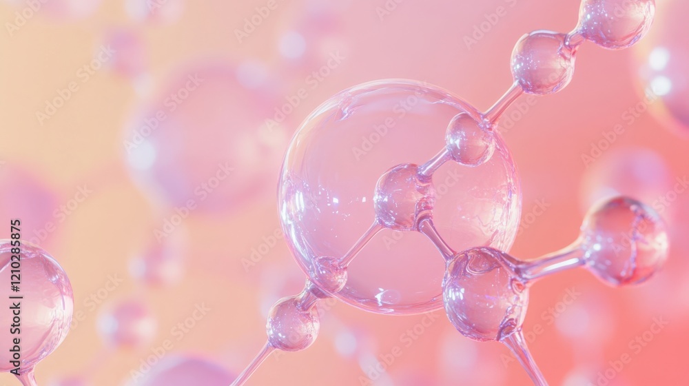 Poster abstract 3d rendering of pink molecules interconnected with lines on a light background