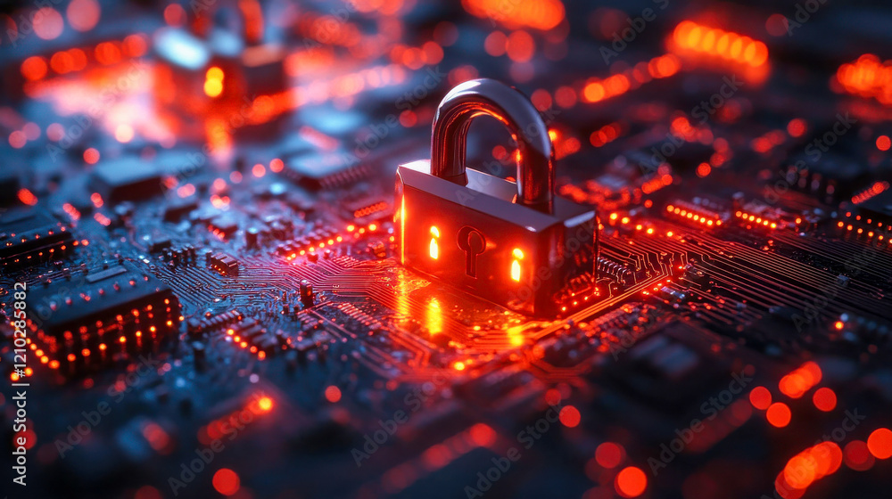 Poster three glowing padlock icons on a digital circuit board symbolizing cybersecurity and encryption